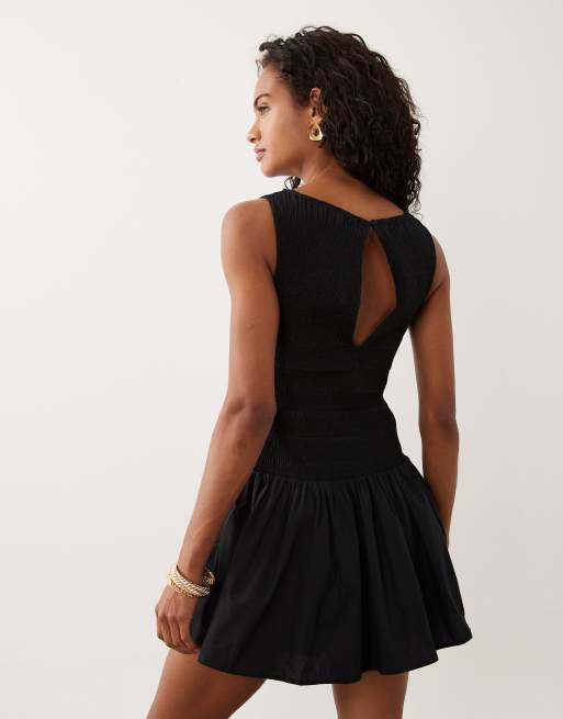 Abercrombie & Fitch slash neck smocked skort mini dress in black | ASOS