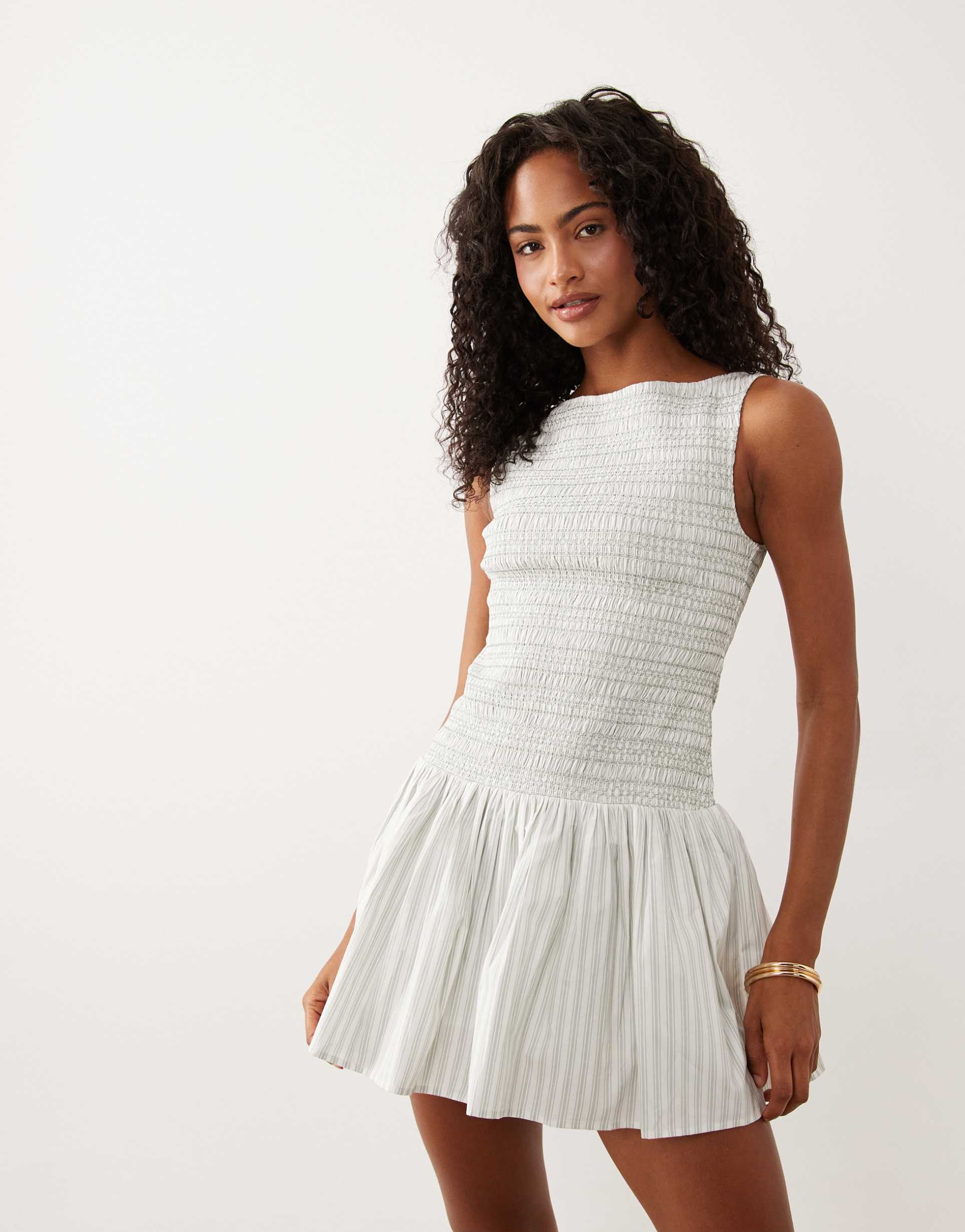 abercrombie & fitch slash neck smocked skort mini dress in white pinstripe