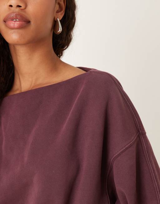 Abercrombie & Fitch slash neck sweatshirt in burgundy, 3 of 4