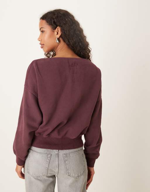 Abercrombie & Fitch slash neck sweatshirt in burgundy, 4 of 4