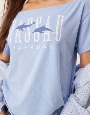 Abercrombie & Fitch Slash Neck T-shirt With Nassau Print In Blue