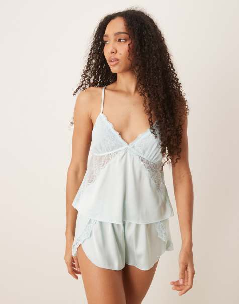 Abercrombie & Fitch sleepwear satin lace trim flippy short in blue - part of a set - view 1
