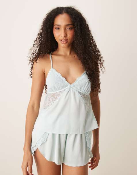 Abercrombie & Fitch sleepwear satin lace trim set in mint blue - view 1