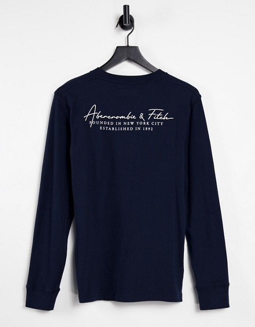 Abercrombie & Fitch sleeve and back script print long sleeve top in navy