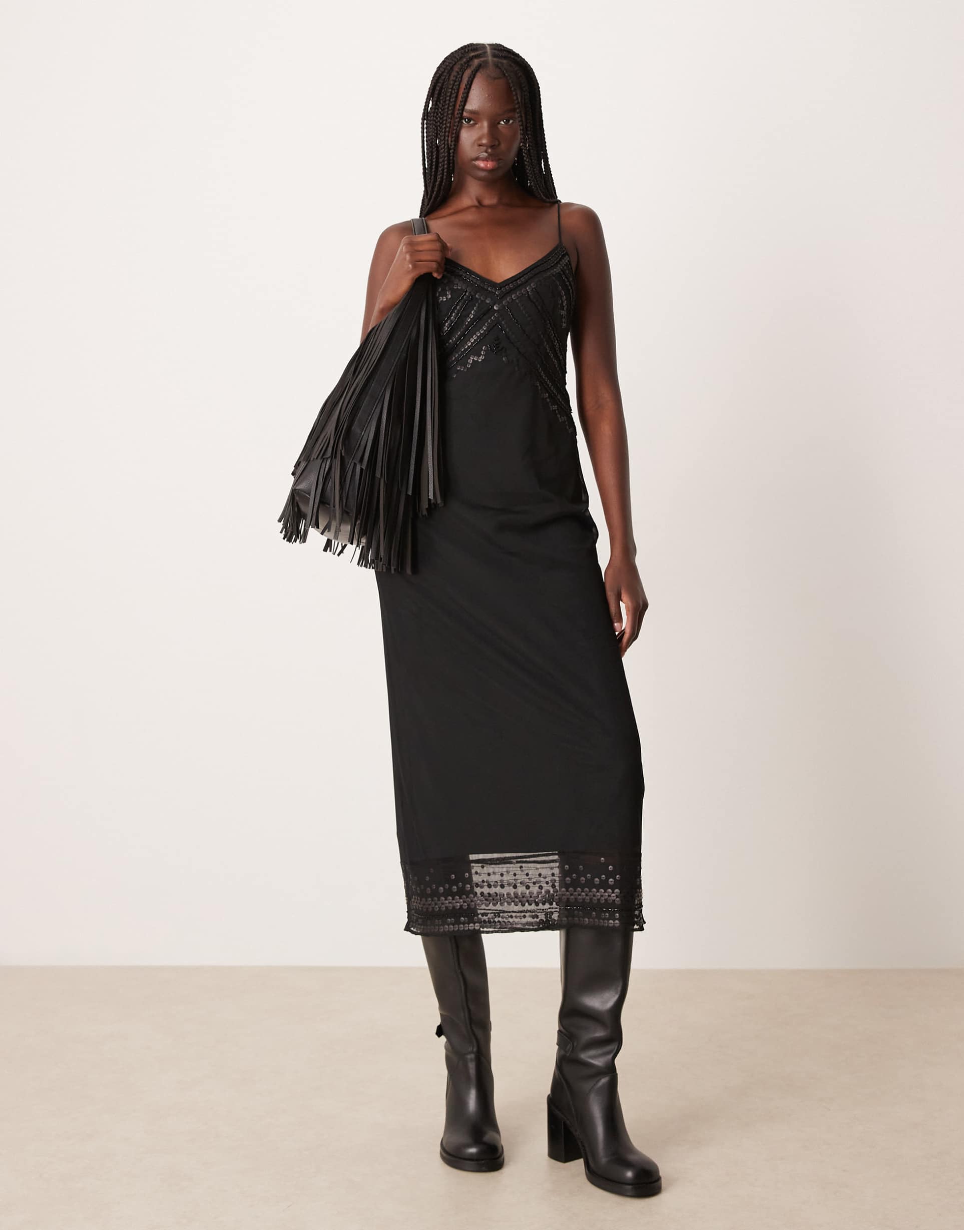 abercrombie & fitch sleeveless embellished maxi dress in black