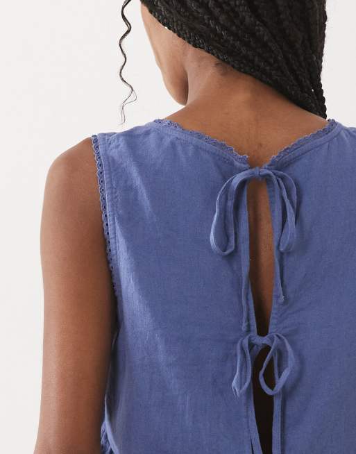 Abercrombie & Fitch sleeveless embroidered top with tie up back in blue, 3 of 4