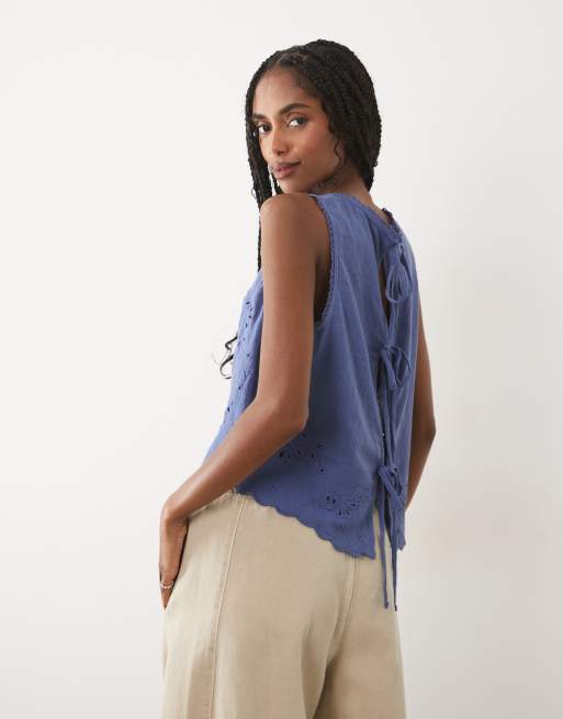 Abercrombie & Fitch sleeveless embroidered top with tie up back in blue, 4 of 4