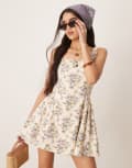 [Abercrombie & Fitch] Abercrombie & Fitch sleeveless flare mini dress in beige floral-Neutral L Floral print