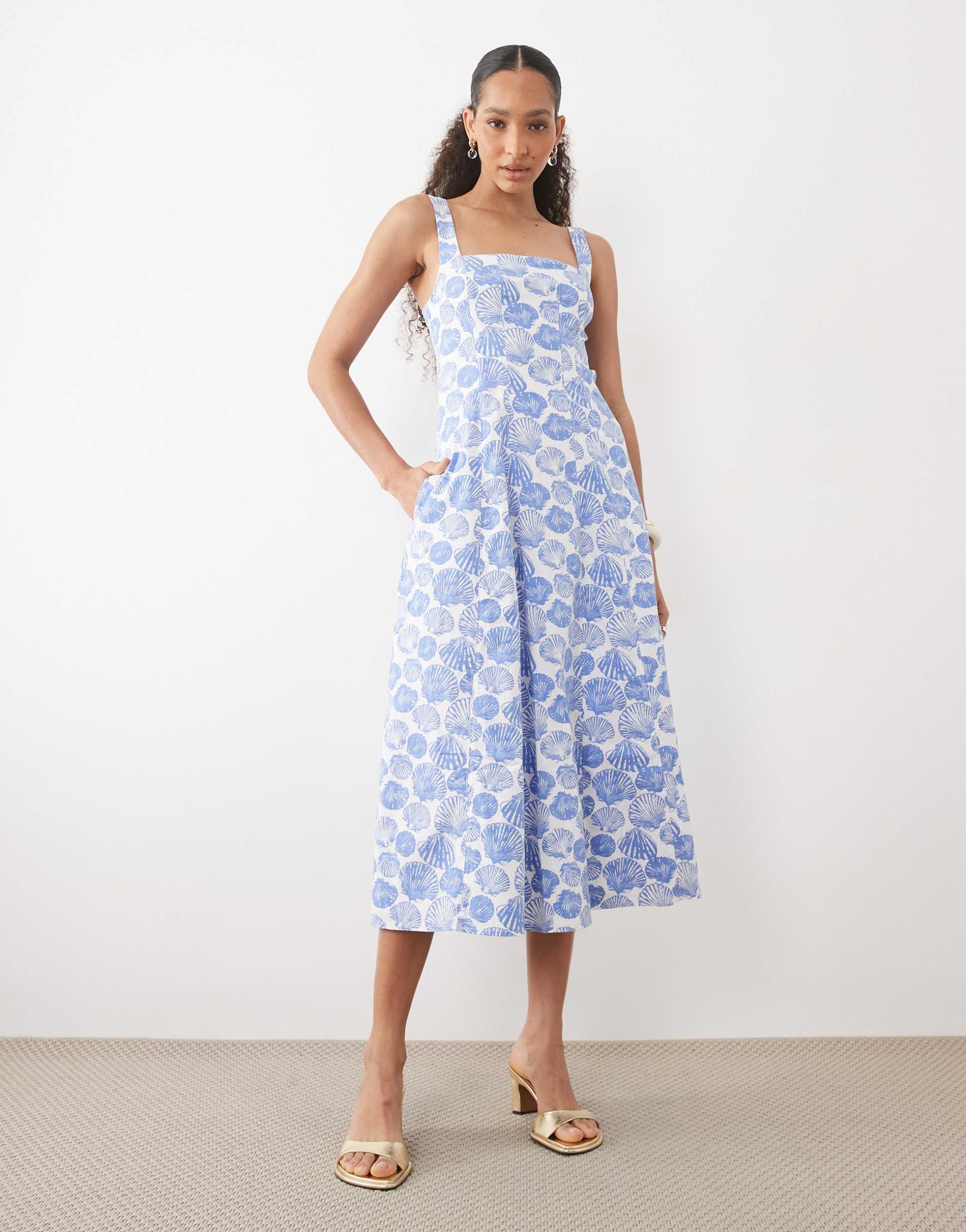 abercrombie & fitch sleeveless midi dress with godet hem in blue print
