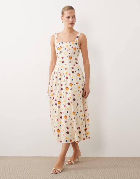 Abercrombie & Fitch sleeveless midi dress with godet hem in cream floral - view 1