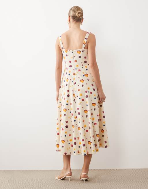 cream floral midi dress Cream Midi Dress With Pink Floral Print | A-line Cut