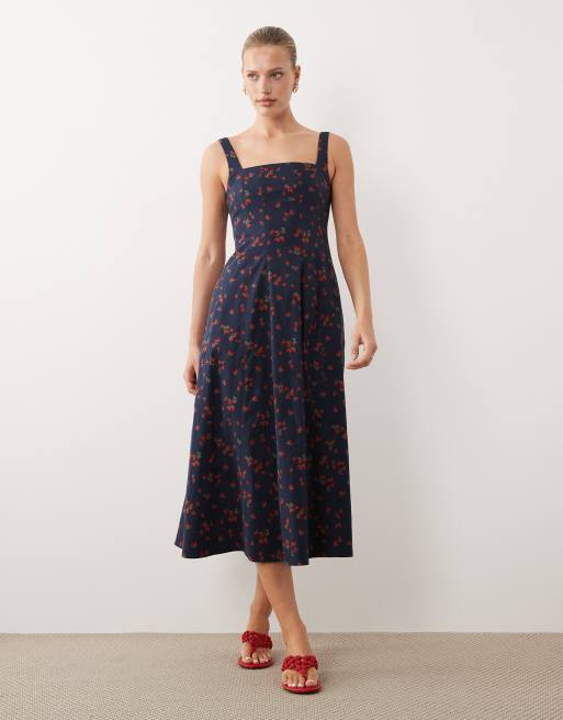 open lace back dress Navy Midi Dress with Red Buttons - Daytime Dress main image 1