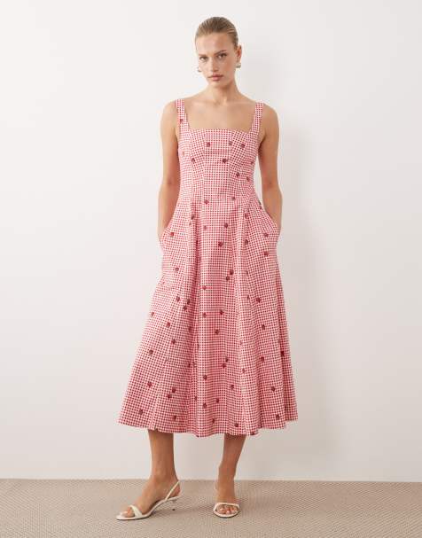 Abercrombie & Fitch sleeveless midi dress with godet hem in red gingham and strawberry print - view 1
