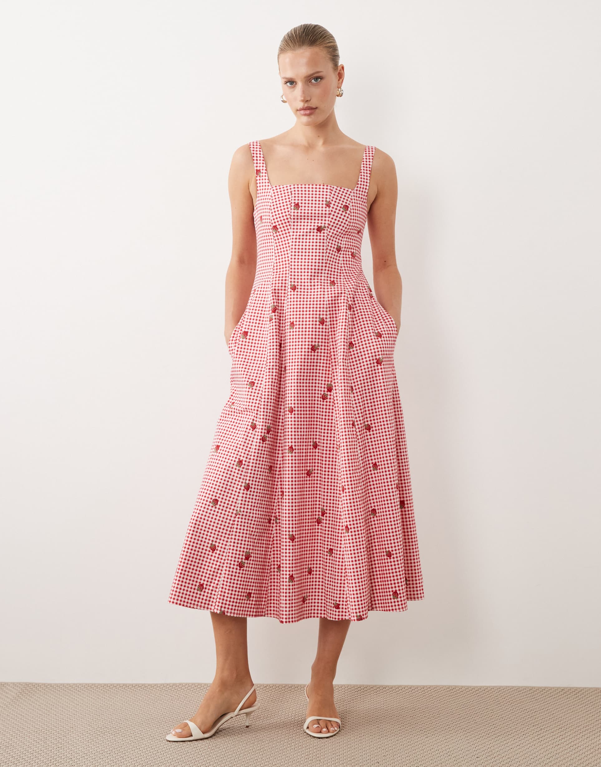 abercrombie & fitch sleeveless midi dress with godet hem in red gingham and strawberry print