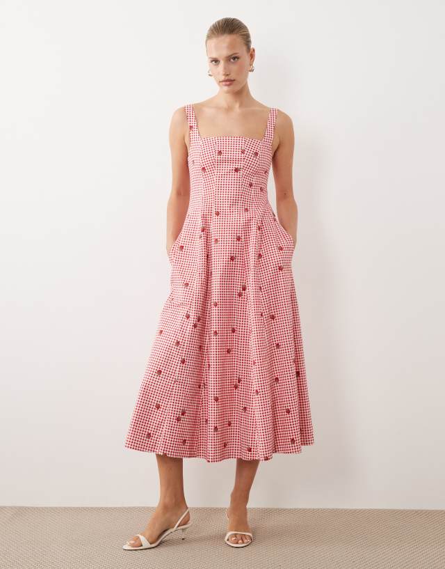 Abercrombie & Fitch sleeveless midi dress with godet hem in red gingham and strawberry print
