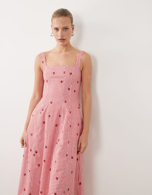 Abercrombie & Fitch sleeveless midi dress with godet hem in red gingham and strawberry print