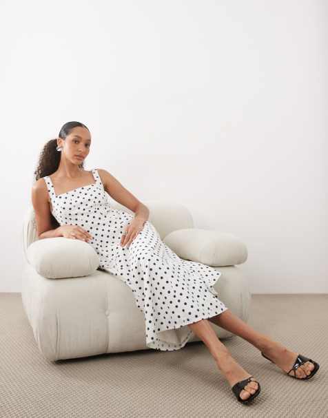 Abercrombie & Fitch sleeveless midi dress with godet hem in white polka dot