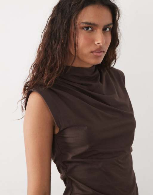 Abercrombie & Fitch sleeveless top with ruching detail in brown, 2 of 4