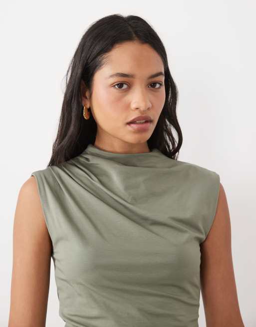 Abercrombie & Fitch sleeveless top with ruching detail in khaki, 3 of 4