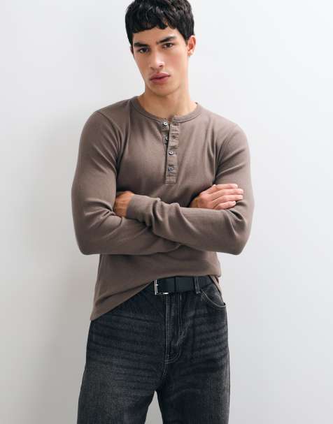 Abercrombie & Fitch slim fit long sleeve ribbed henley top in brown - view 1