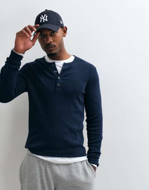 Abercrombie & Fitch slim fit long sleeve ribbed henley top in navy - view 1