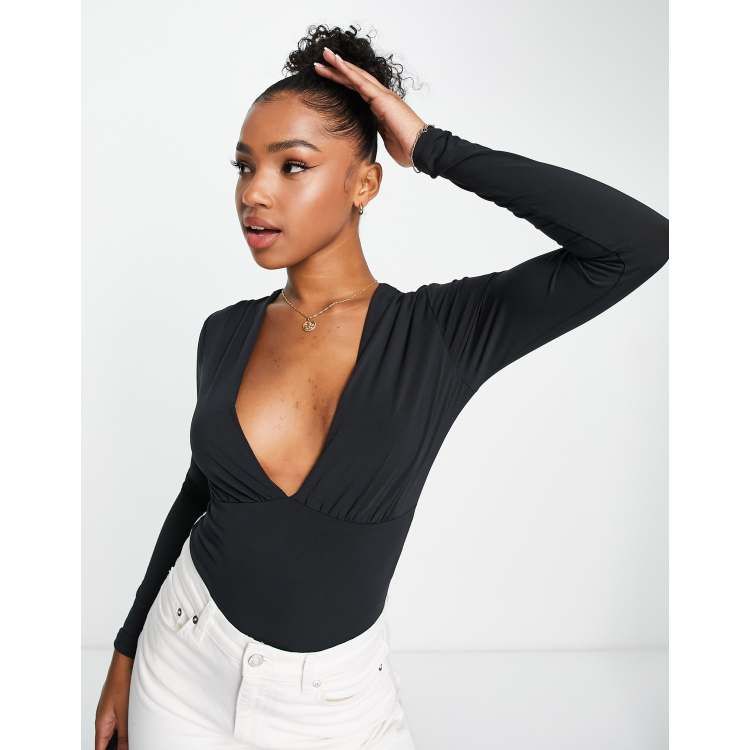 Black Slinky Ruched Long Sleeve Square Neck Bodysuit