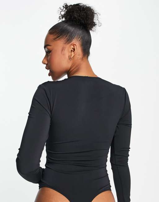 Black Slinky Ruched Long Sleeve Square Neck Bodysuit