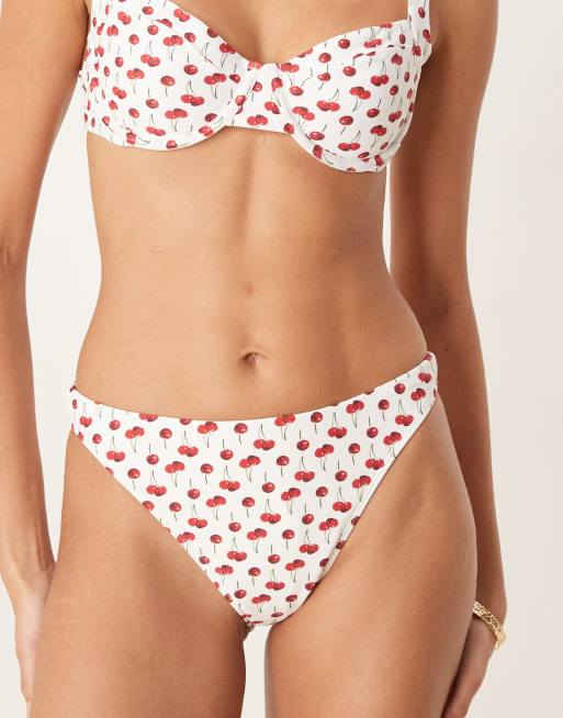 Abercrombie & Fitch - Slip bikini a vita medio alta con stampa di ciliegie in coordinato