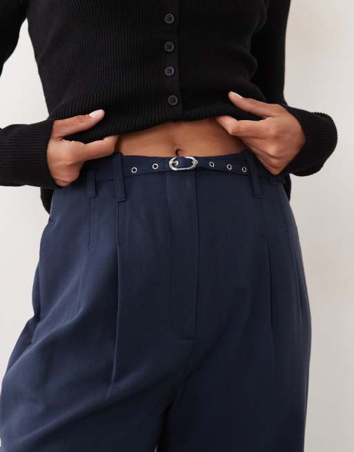 Abercrombie & Fitch Sloane high rise wide leg pants with belt in navy ...