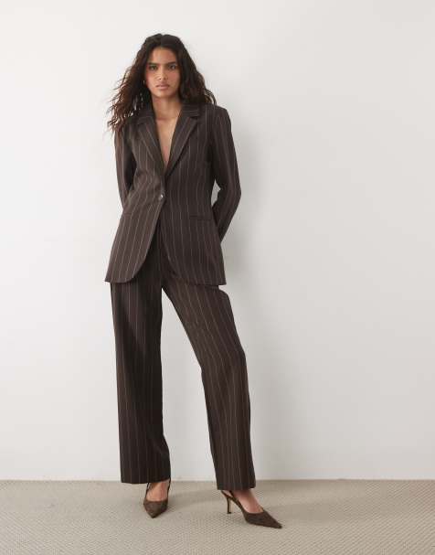 Abercrombie & Fitch Sloane high rise wide leg trouser co-ord in brown pinstripe - view 1