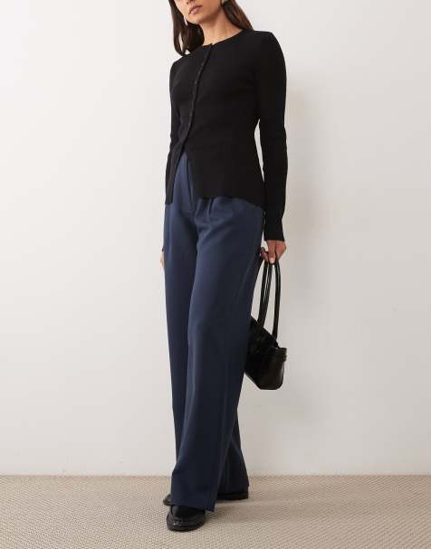 Abercrombie & Fitch Sloane pantaloni a vita alta a gamba larga con cintura, blu navy - view 1