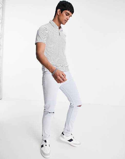 Abercrombie & Fitch small logo stripe air knit polo in white/navy