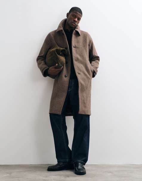 Abercrombie & Fitch smart wool rich longline coat in brown check - view 1