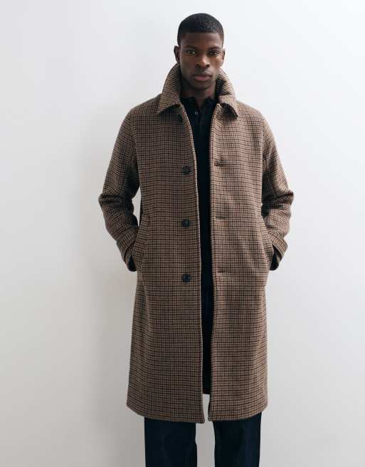 Abercrombie & Fitch smart wool rich longline coat in brown check, 3 of 5