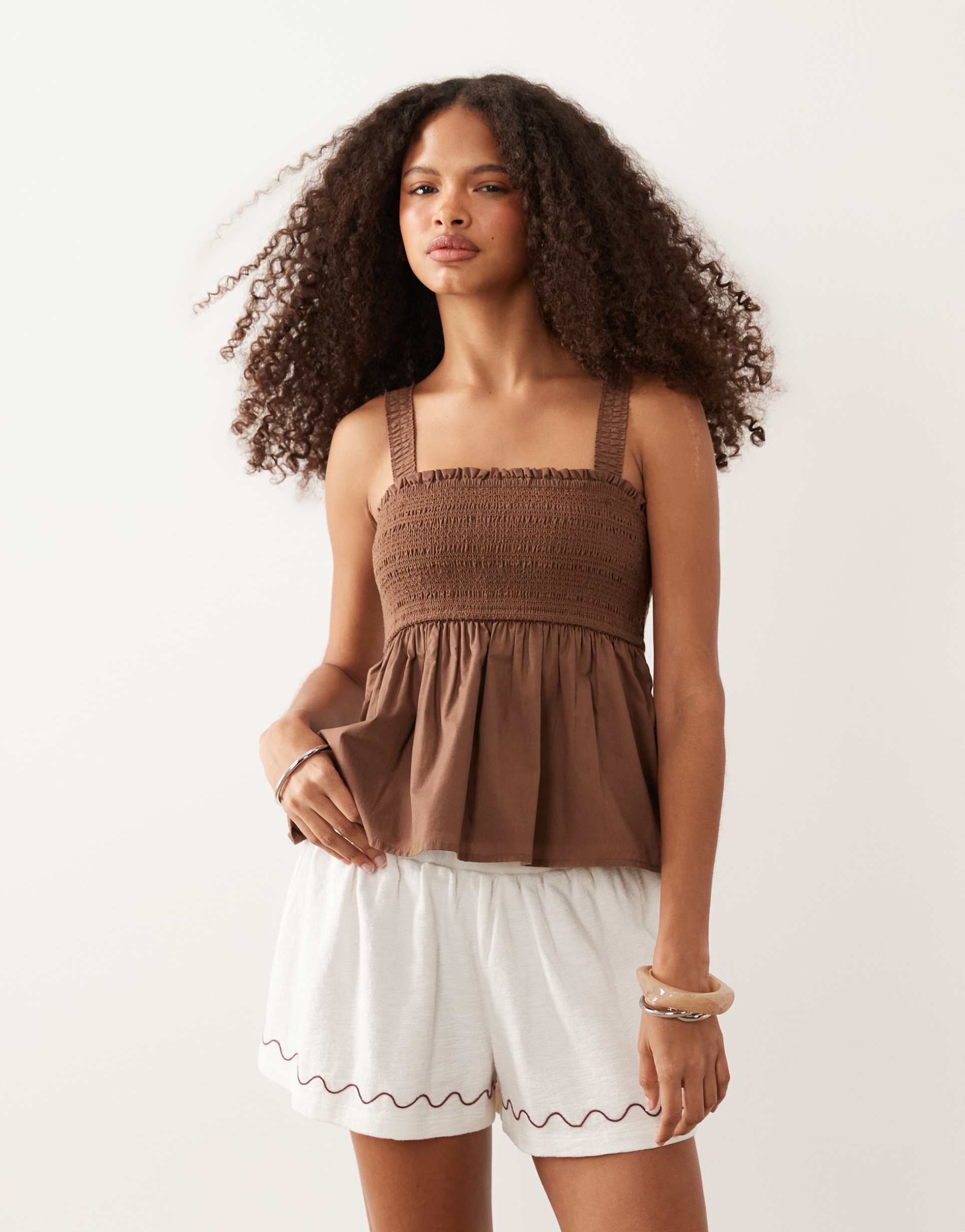 abercrombie & fitch smocked blouse with on/off shoulder sleeves in brown stripes