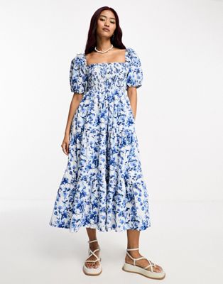 Abercrombie & Fitch smocked bodice midi poplin dress in blue floral | ASOS