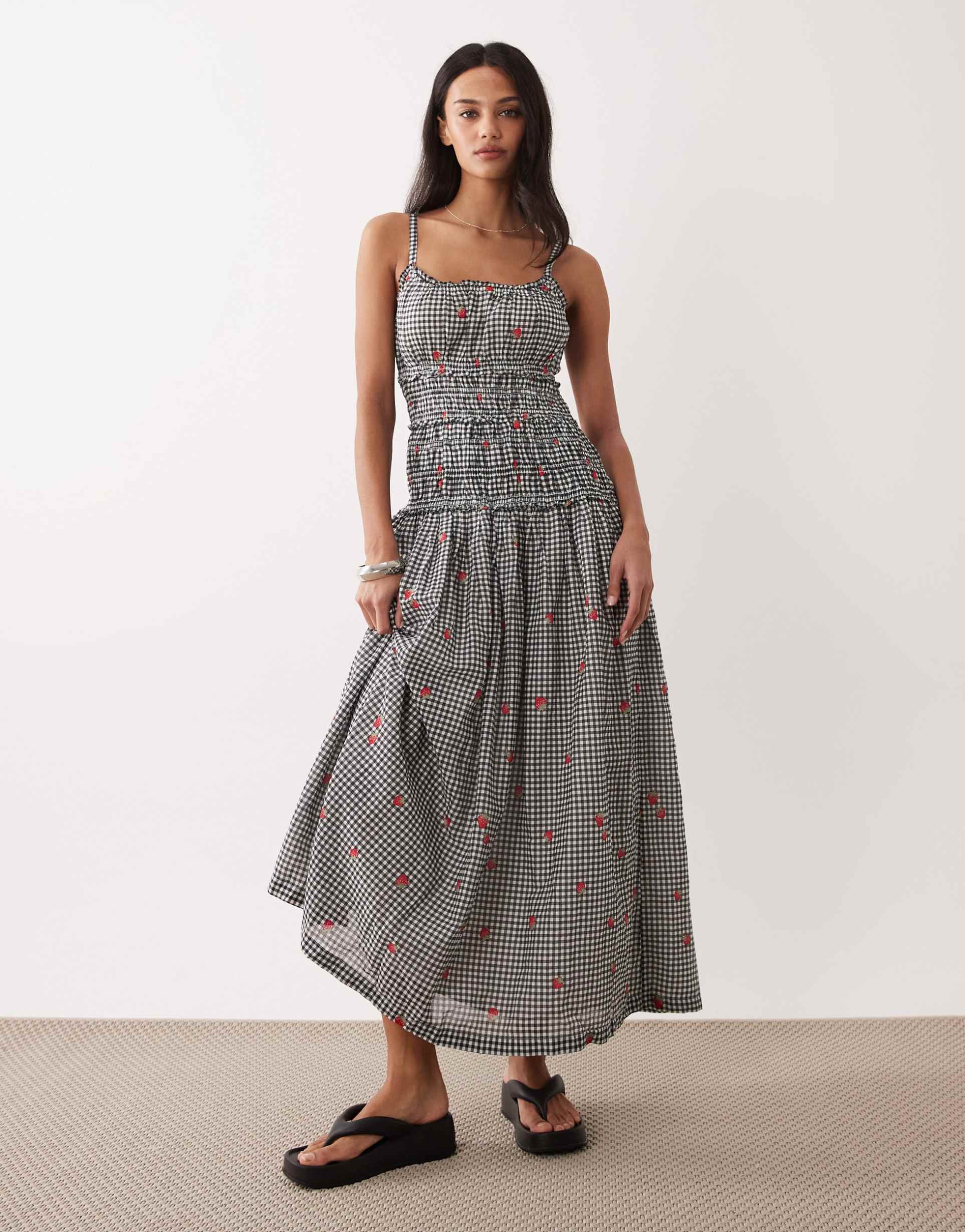 abercrombie & fitch smocked drop waist maxi dress in black gingham