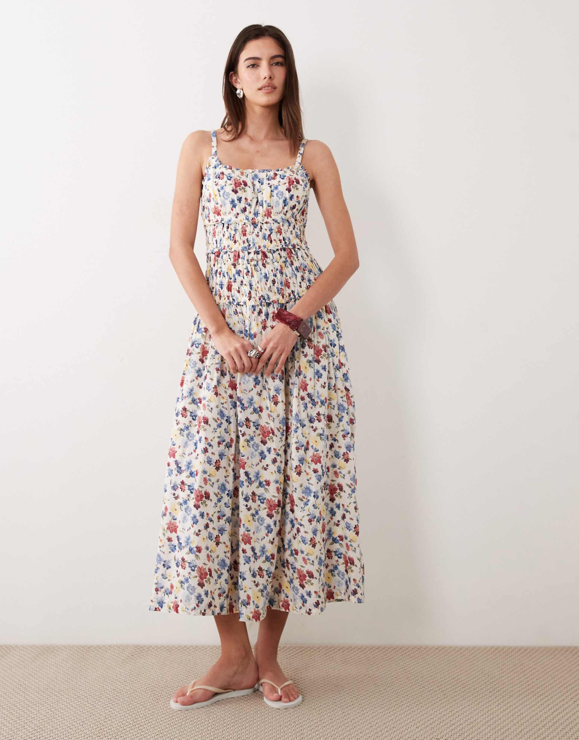 abercrombie & fitch smocked drop waist maxi dress in white floral print