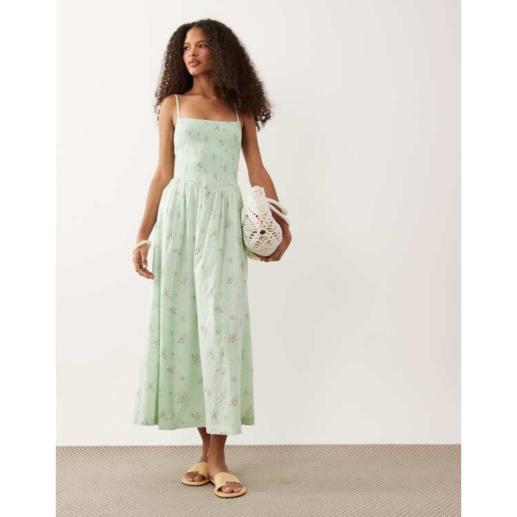 green and white ditsy dress Green Floral Belted Midi Dress | 100% Cotton Drop Waist Midi
