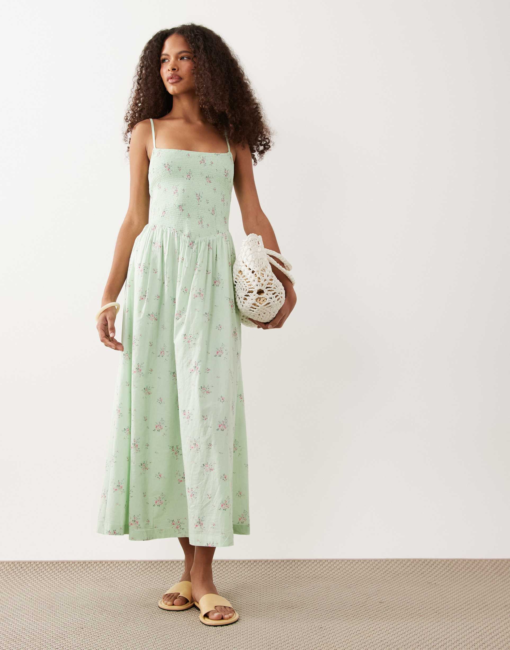 abercrombie & fitch smocked midi dress with dipped waist in green ditsy print