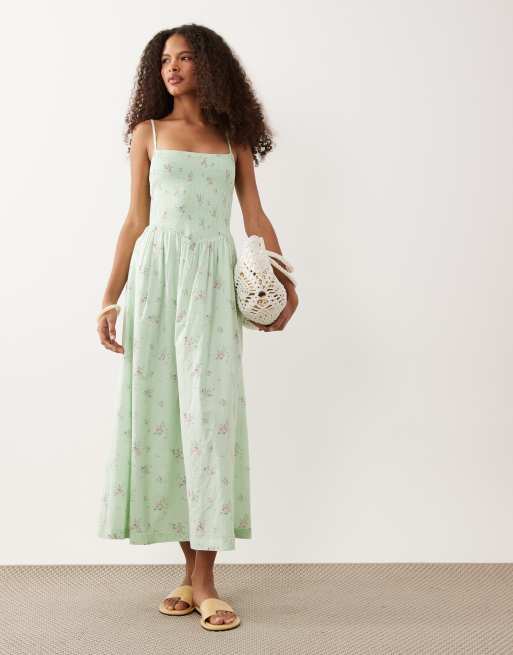 Abercrombie & Fitch smocked midi dress with dipped waist in green ditsy  print | ASOS