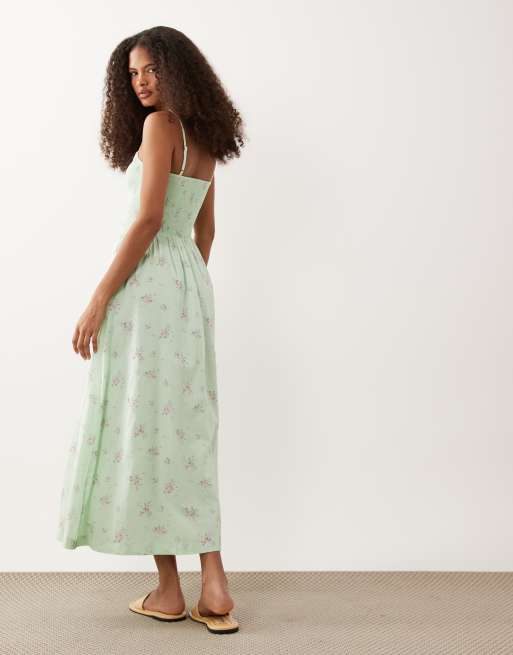 Abercrombie & Fitch smocked midi dress with dipped waist in green ditsy  print | ASOS