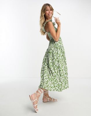 Abercrombie & Fitch smocked ruffle midi dress in green floral