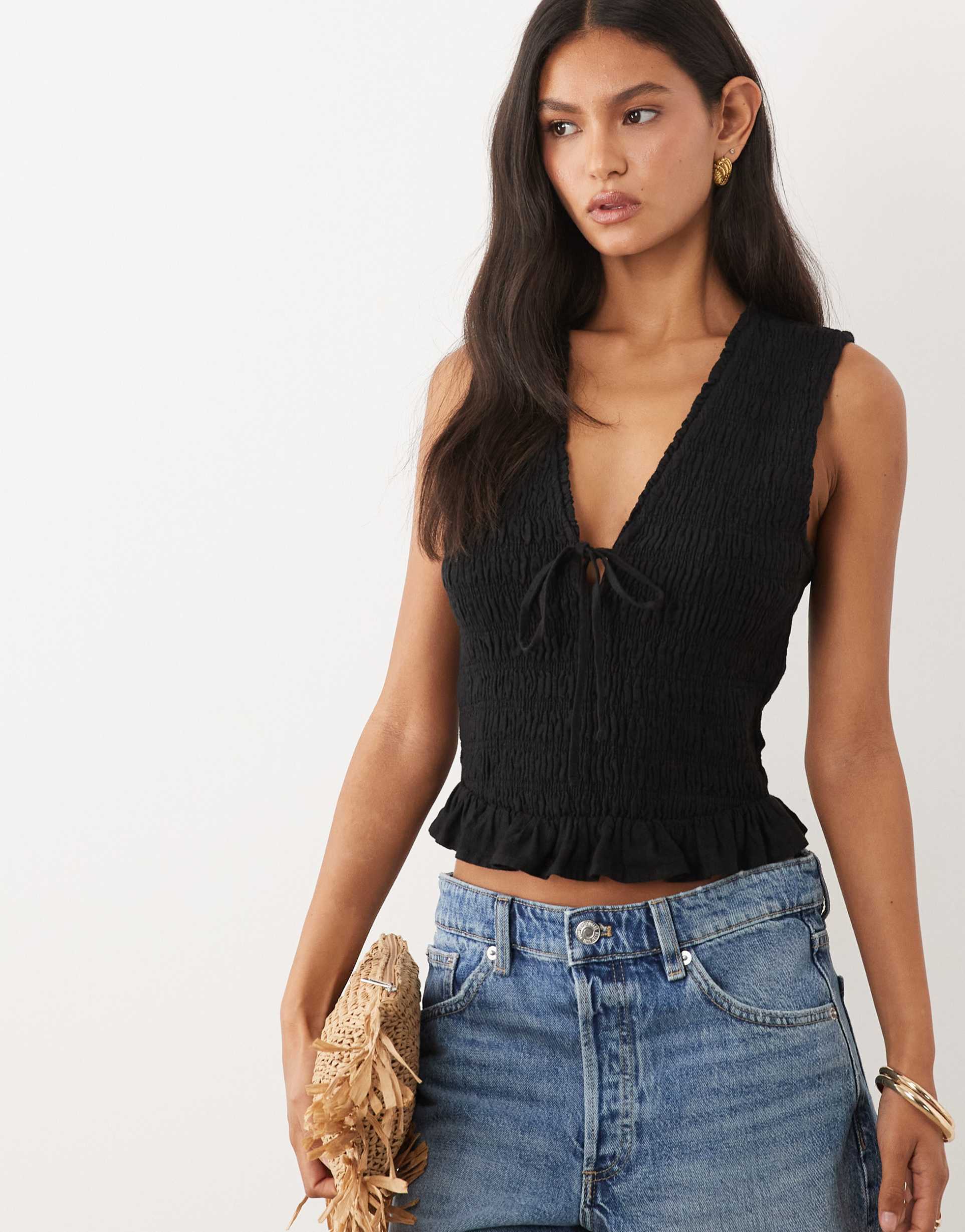 abercrombie & fitch smocked square neck shell top in black