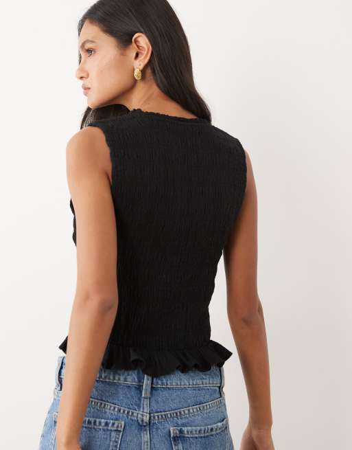 Abercrombie & Fitch smocked square neck shell top in black, 4 of 4