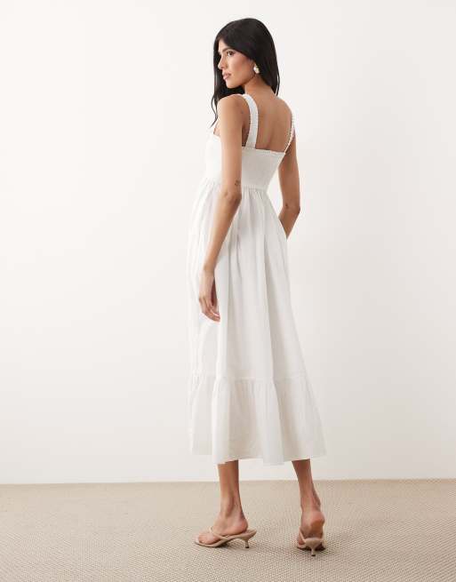 Abercrombie & Fitch smocked tiered midi dress with removeable straps in white, 3 of 4