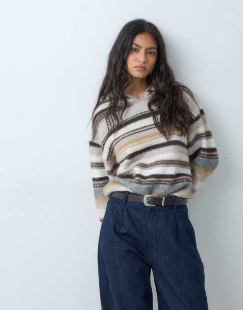 Abercrombie & Fitch soft knitted lounge hoodie in cream and brown stripe - view 1