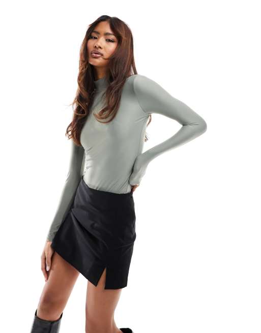 Abercrombie & Fitch LONG-SLEEVE SOFT MATTE MOCKNECK BODYSUIT - Long sleeved  top - JAVA/dark brown 