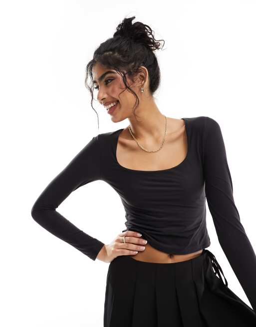 Abercrombie & Fitch soft matte scoop neck long sleeve top in black