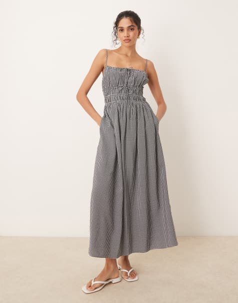 Abercrombie & Fitch soft neck spaghetti strap flowy maxi dress in black gingham - view 1